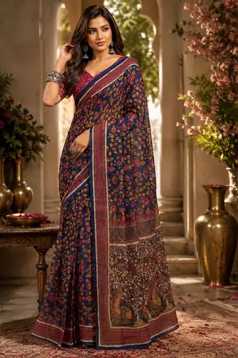blue purple chanderi cotton printed party wear festive 1 minute ready to wear saree with unstitched blouse piece