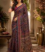 blue purple chanderi cotton printed party wear festive 1 minute ready to wear saree with unstitched blouse piece