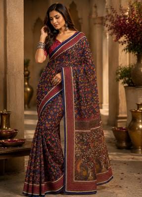 blue purple chanderi cotton printed party wear festive 1 minute ready to wear saree with unstitched blouse piece 2