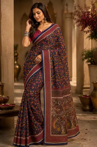 blue purple chanderi cotton printed party wear festive 1 minute ready to wear saree with unstitched blouse piece