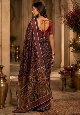 blue purple chanderi cotton printed party wear festive 1 minute ready to wear saree with unstitched blouse piece 3