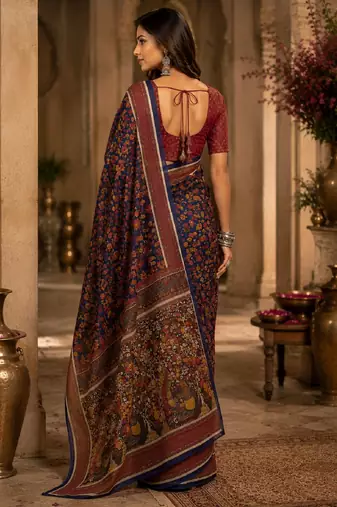 blue purple chanderi cotton printed party wear festive 1 minute ready to wear saree with unstitched blouse piece