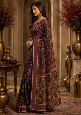 blue purple chanderi cotton printed party wear festive 1 minute ready to wear saree with unstitched blouse piece 4