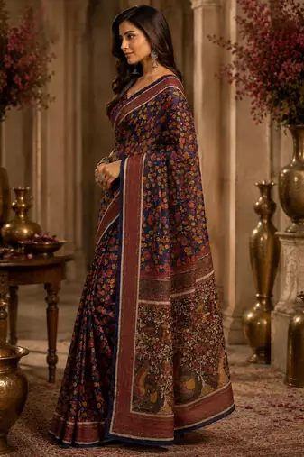 blue purple chanderi cotton printed party wear festive 1 minute ready to wear saree with unstitched blouse piece