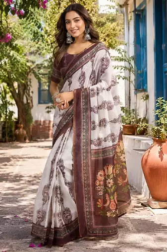 white coffee chanderi cotton printed party wear festive 1 minute ready to wear saree with unstitched blouse piece