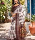 white coffee chanderi cotton printed party wear festive 1 minute ready to wear saree with unstitched blouse piece