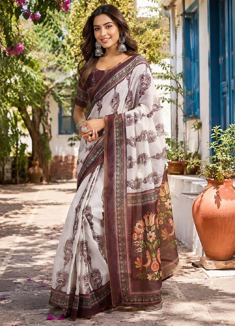 white coffee chanderi cotton printed party wear festive 1 minute ready to wear saree with unstitched blouse piece