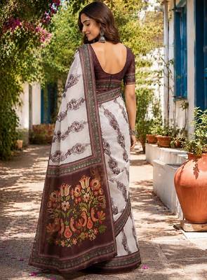white coffee chanderi cotton printed party wear festive 1 minute ready to wear saree with unstitched blouse piece 3