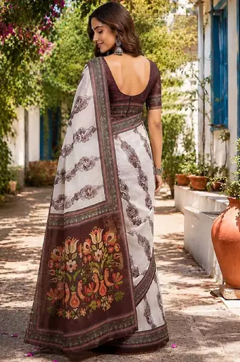 white coffee chanderi cotton printed party wear festive 1 minute ready to wear saree with unstitched blouse piece