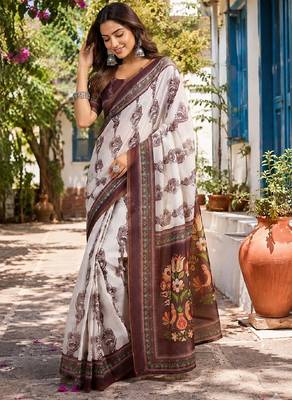 white coffee chanderi cotton printed party wear festive 1 minute ready to wear saree with unstitched blouse piece 4