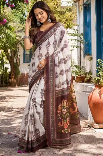 white coffee chanderi cotton printed party wear festive 1 minute ready to wear saree with unstitched blouse piece