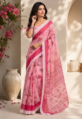 baby pink chanderi cotton printed party wear festive 1 minute ready to wear saree with unstitched blouse piece 1