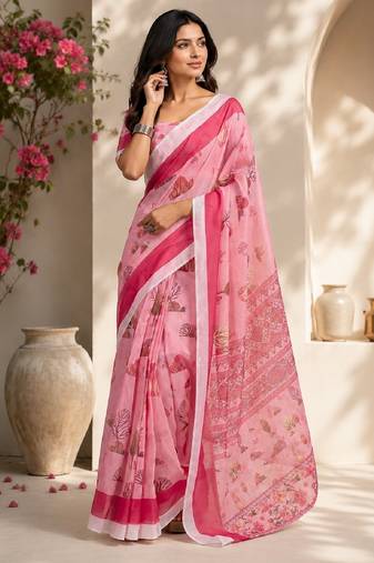 baby pink chanderi cotton printed  party wear festive 1 minute ready to wear saree with unstitched blouse piece