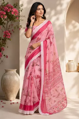 baby pink chanderi cotton printed  party wear festive 1 minute ready to wear saree with unstitched blouse piece