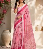 baby pink chanderi cotton printed  party wear festive 1 minute ready to wear saree with unstitched blouse piece