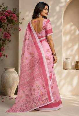 baby pink chanderi cotton printed party wear festive 1 minute ready to wear saree with unstitched blouse piece 3