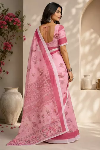 baby pink chanderi cotton printed  party wear festive 1 minute ready to wear saree with unstitched blouse piece
