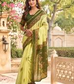 lemon mehendi chanderi cotton printed party wear festive 1 minute ready to wear saree with unstitched blouse piece
