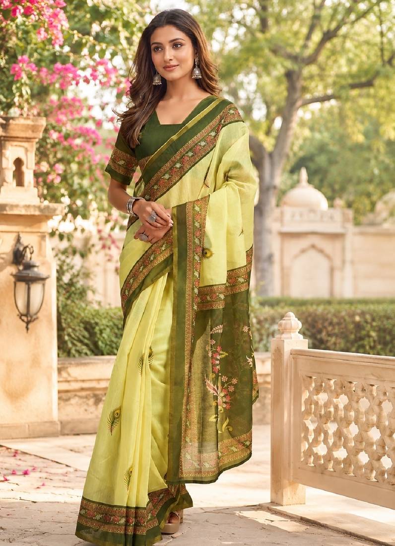 lemon mehendi chanderi cotton printed party wear festive 1 minute ready to wear saree with unstitched blouse piece