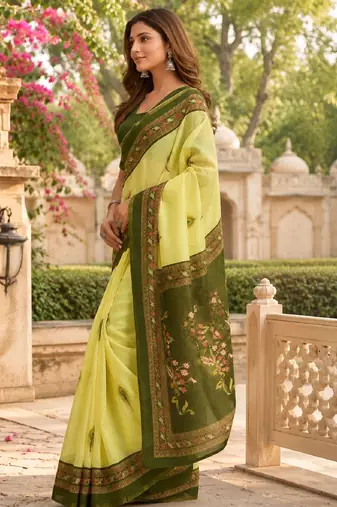 lemon mehendi chanderi cotton printed party wear festive 1 minute ready to wear saree with unstitched blouse piece