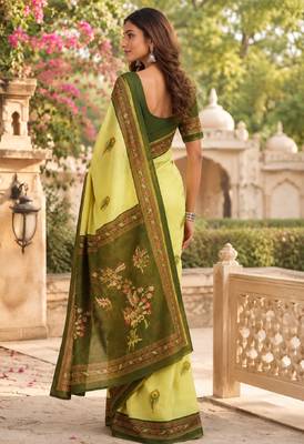 lemon mehendi chanderi cotton printed party wear festive 1 minute ready to wear saree with unstitched blouse piece 3