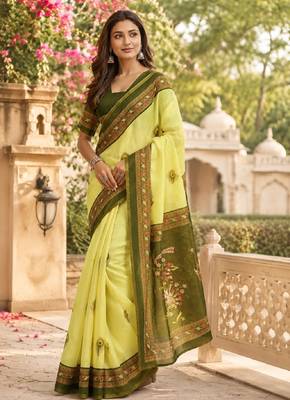 lemon mehendi chanderi cotton printed party wear festive 1 minute ready to wear saree with unstitched blouse piece 4