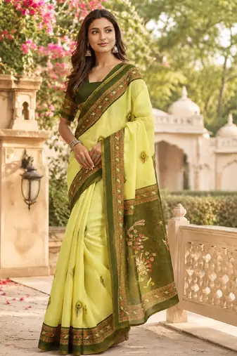 lemon mehendi chanderi cotton printed party wear festive 1 minute ready to wear saree with unstitched blouse piece
