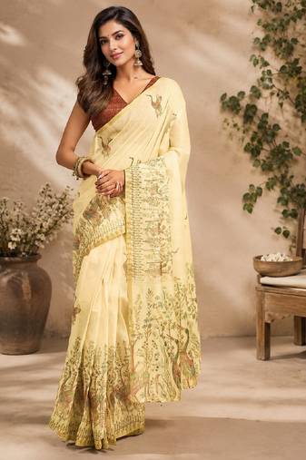 cream maroon chanderi cotton printed  party wear festive 1 minute ready to wear saree with unstitched blouse piece
