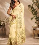 cream maroon chanderi cotton printed  party wear festive 1 minute ready to wear saree with unstitched blouse piece
