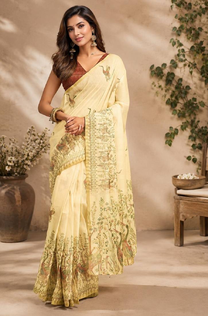 cream maroon chanderi cotton printed  party wear festive 1 minute ready to wear saree with unstitched blouse piece