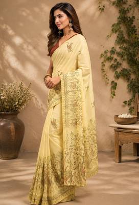 cream maroon chanderi cotton printed party wear festive 1 minute ready to wear saree with unstitched blouse piece 2