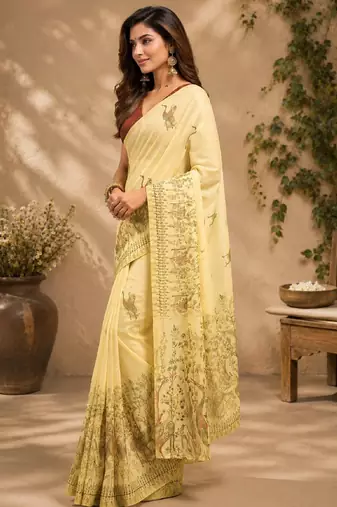 cream maroon chanderi cotton printed  party wear festive 1 minute ready to wear saree with unstitched blouse piece
