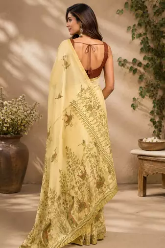 cream maroon chanderi cotton printed  party wear festive 1 minute ready to wear saree with unstitched blouse piece