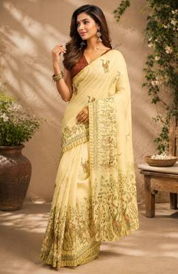 cream maroon chanderi cotton printed party wear festive 1 minute ready to wear saree with unstitched blouse piece 4