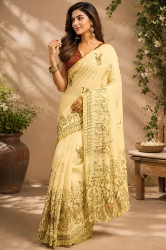 cream maroon chanderi cotton printed  party wear festive 1 minute ready to wear saree with unstitched blouse piece