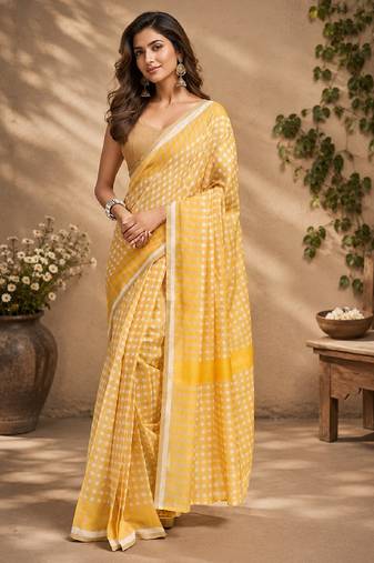 yellow cream chanderi cotton printed  party wear festive 1 minute ready to wear saree with unstitched blouse piece