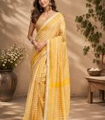 yellow cream chanderi cotton printed  party wear festive 1 minute ready to wear saree with unstitched blouse piece