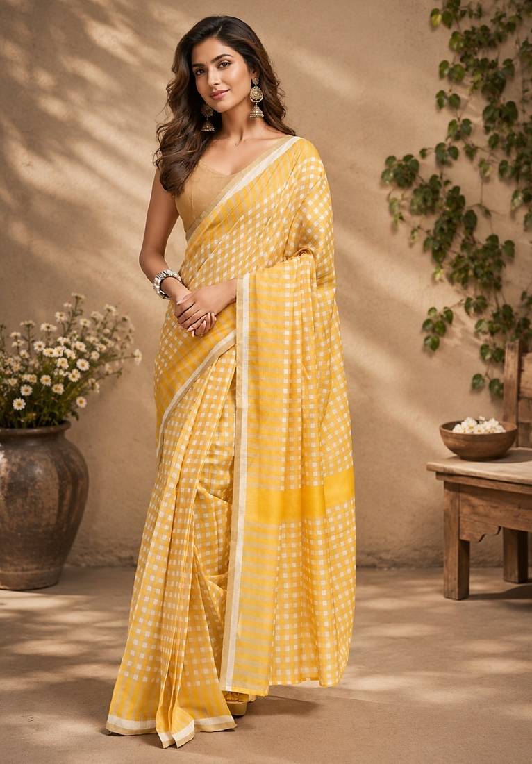 yellow cream chanderi cotton printed  party wear festive 1 minute ready to wear saree with unstitched blouse piece