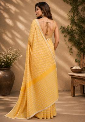 yellow cream chanderi cotton printed party wear festive 1 minute ready to wear saree with unstitched blouse piece 3