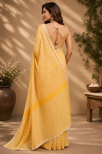 yellow cream chanderi cotton printed  party wear festive 1 minute ready to wear saree with unstitched blouse piece