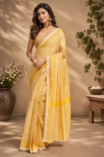 yellow cream chanderi cotton printed  party wear festive 1 minute ready to wear saree with unstitched blouse piece