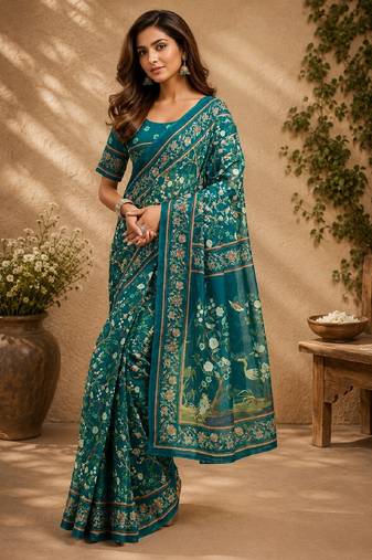 teal chanderi cotton printed work designer party wear festive 1 minute ready to wear saree with unstitched blouse piece