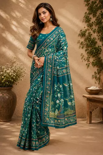 teal chanderi cotton printed work designer party wear festive 1 minute ready to wear saree with unstitched blouse piece