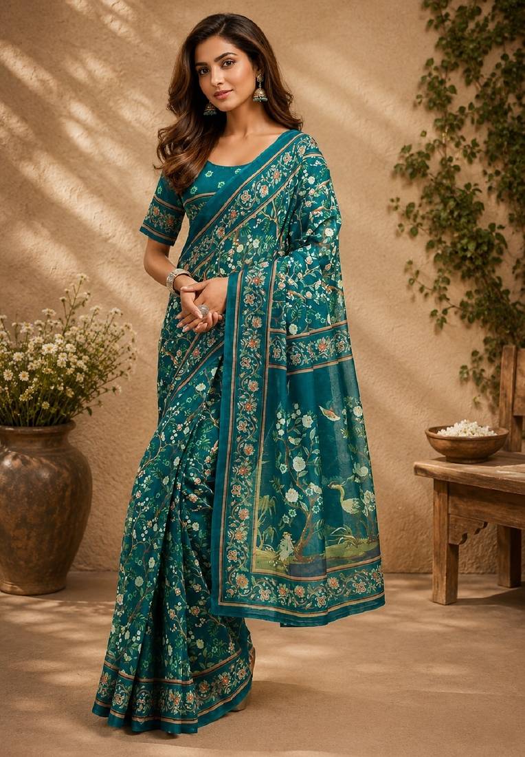 teal chanderi cotton printed work designer party wear festive 1 minute ready to wear saree with unstitched blouse piece