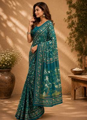 teal chanderi cotton printed work designer party wear festive 1 minute ready to wear saree with unstitched blouse piece 2