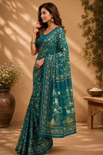 teal chanderi cotton printed work designer party wear festive 1 minute ready to wear saree with unstitched blouse piece