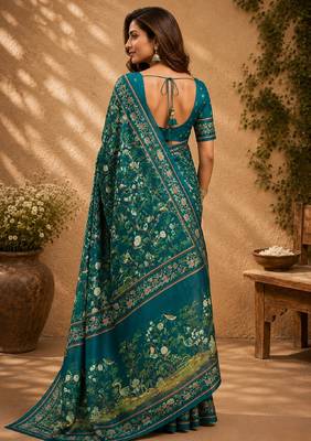 teal chanderi cotton printed work designer party wear festive 1 minute ready to wear saree with unstitched blouse piece 3