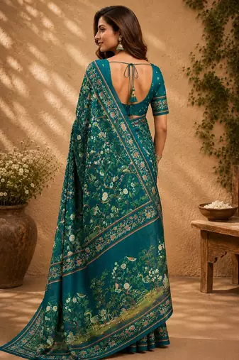 teal chanderi cotton printed work designer party wear festive 1 minute ready to wear saree with unstitched blouse piece
