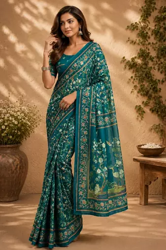 teal chanderi cotton printed work designer party wear festive 1 minute ready to wear saree with unstitched blouse piece