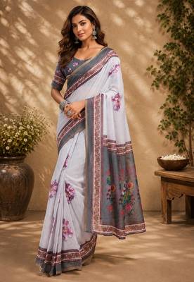white grey chanderi cotton printed party wear festive 1 minute ready to wear saree with unstitched blouse piece 1
